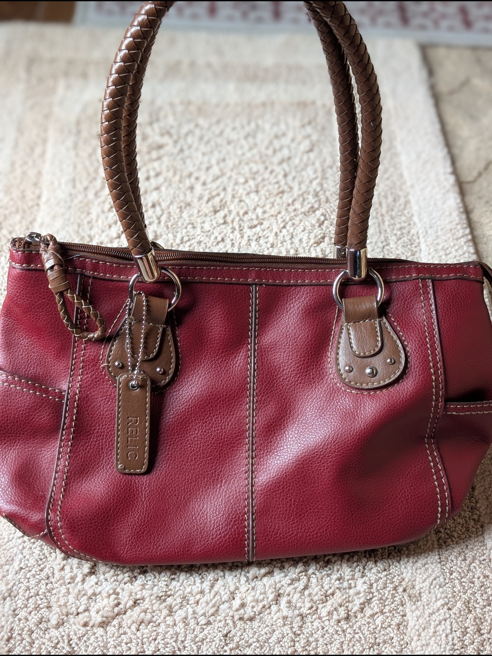 Relic Women’s Cherry Red Leather Tote with Brown Accents